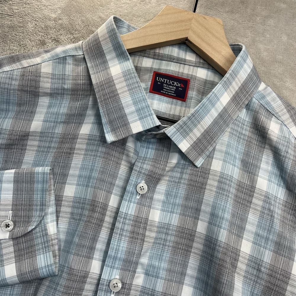 UNTUCKit Collins WF Men's 2XL Blue Grey Plaid Long Sleeve Button Front Shirt